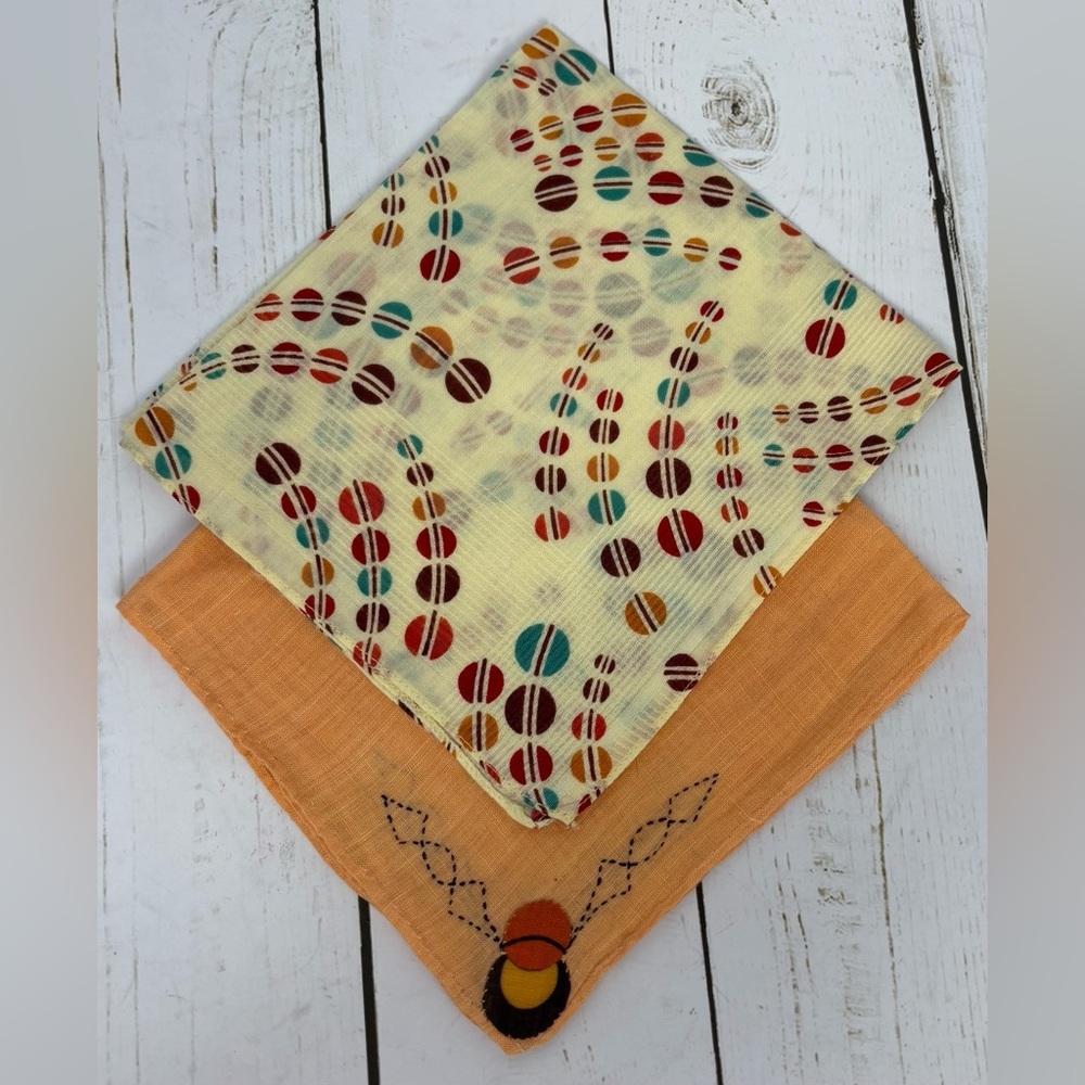 VINTAGE 30's-40's Handmade Handkerchiefs Set Of 2 Patterned 12x11 & Orange 11x11